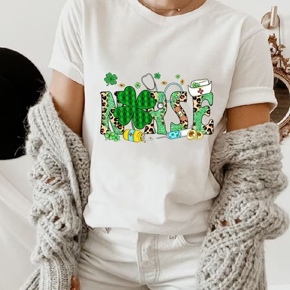 St. Patricks Day Sublimation Happy Irish Nurse Lucky Graphic T-Shirt